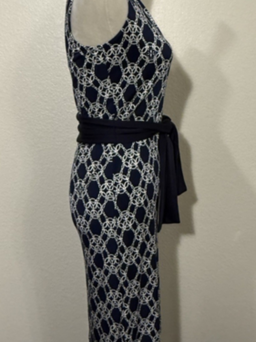 Tory Burch Womens Small Nicola Navy White Chain Print Silk Jersey Dress - Picture 5 of 10